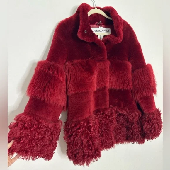 NWT Nour Hammour Aimée Shearling Fur Coat in Crimson/Oxblood red